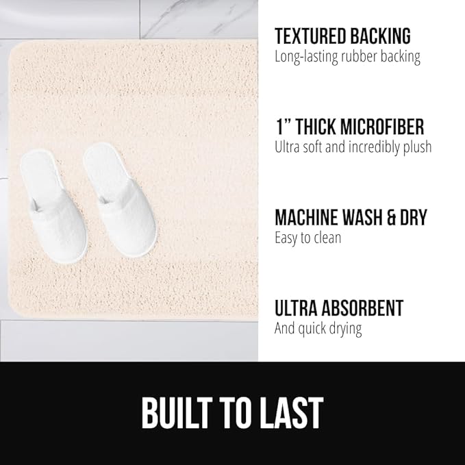 GORILLA GRIP Ultra Soft Plush Bathroom Rugs with Textured Rubber Backing, 40 x 24 Absorbent Quick Dry Bath Mat, Machine Washable Shower Mats, Home Décor Accessories Bathmat Rug Essentials, Ivory