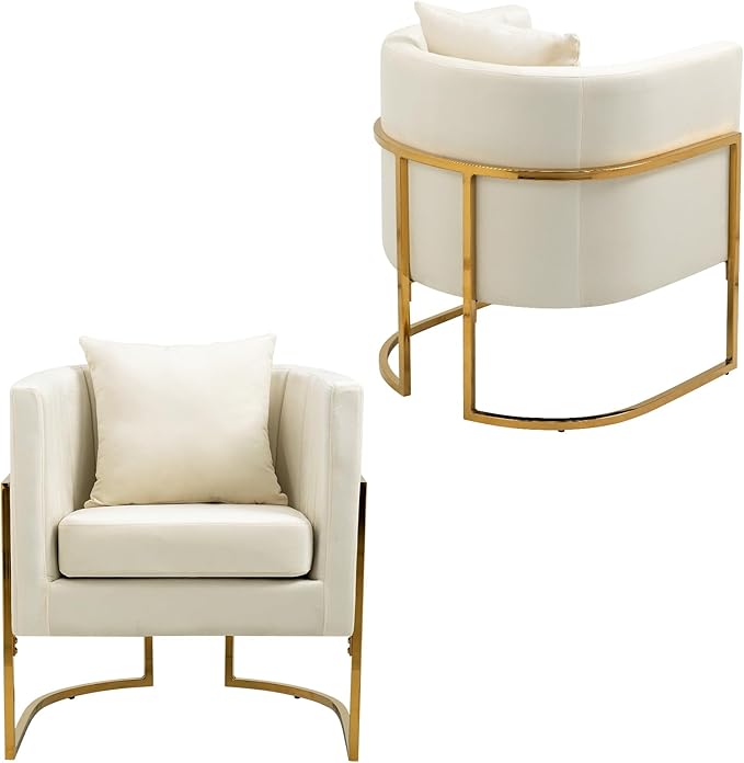 Velvet Accent Chairs Set of 2, Mid Century Modern Upholstered Barrel Armchair with Pillow for Living Room, Comfy Single Club Chair with Metal Gold Legs for Bedroom, White