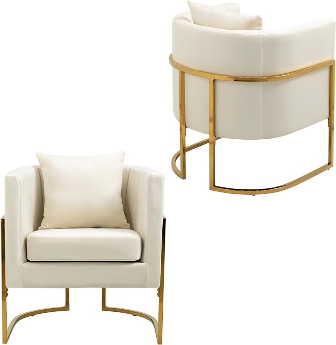 Velvet Modern Accent Chair, Upholstered Barrel Armchair Mid Century with Pillow for Living Room, Comfy Single Vanity Chair with Metal Gold Legs for Bedroom, White