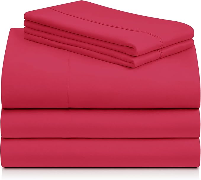 LuxClub 5 PC Sheet Set Bed Sheets Deep Pockets 16" Eco Friendly Wrinkle Free Cooling Machine Washable Hotel Bedding Silky Soft - Red Split King