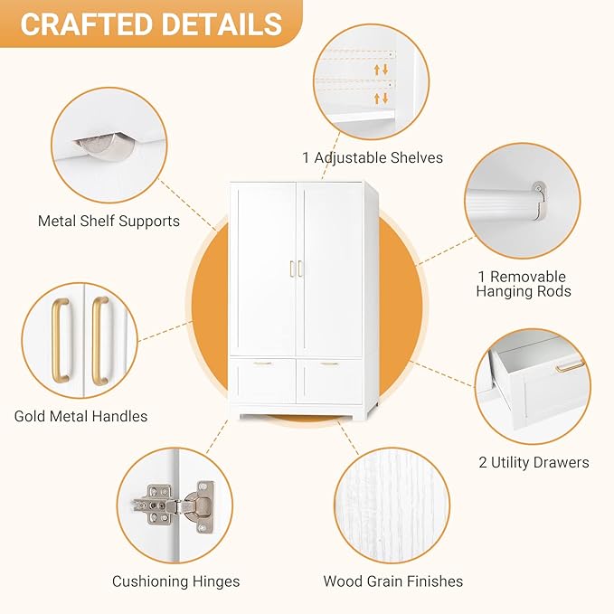 VINGLI Armoire Wardrobe Closet with Doors and Drawers, Wardrobe Cabinet, Armoire with Drawers, White Closet, 35" W x 20" D x 60" H