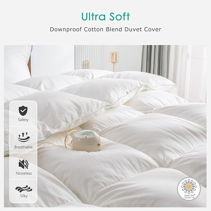 APSMILE Premium Down Feather Fibers Comforter Oversized King Size, All Season Duvet Insert Oversized King Size with 8 Tabs, Ultra Soft Poly-Cotton Cover Down Feather Fibers Comforter (White, 120*98")