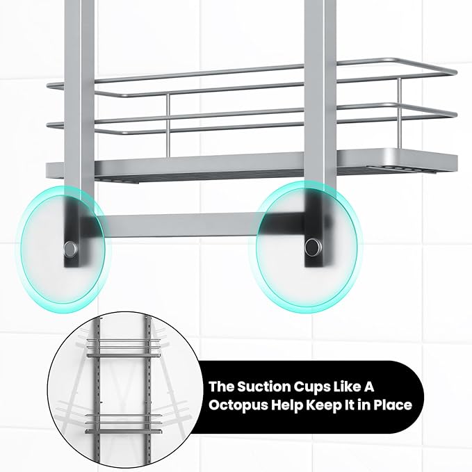 Shower Caddy Hanging (Silver), Adjustable Anti-Swing-Over The Shower Head Caddy, 3 Tier Height Bathroom Storage Organizer, Bathroom Shelves Basket Rack, Shower Caddies Rack with Adjustable Soap Basket