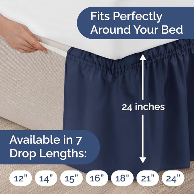 Wrap Around Dust Ruffle Bed Skirt - Navy Blue - for Queen Size Beds with 24 Inch Drop - Elastic Strap - Adjustable Pleated Bedskirt with Brushed Fabric and Wrinkle Free - for Women, Men, Kids & Teens