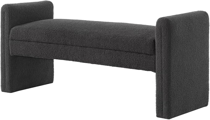 24KF Modern Upholstered Bed Bench Covered with Soft Boucle Teddy Fabric, Lovely Entryway Bench Ottoman with Armrest,5062-Dark Gray