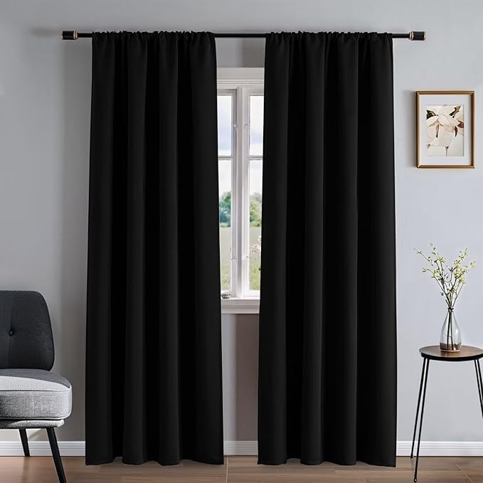Blackout Curtains 108 Inches Long 2 Panels Set, Black Curtains Thermal Insulated Room Darkening Drapes for Bedroom, Rod Pocket Light Blocking Drapes Living Room Windows(52W × 108L, Black)