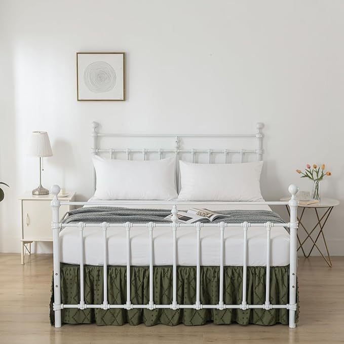 Bed Skirt King Size Ruffled Bed Skirt with Split Corners, 16 Inch Drop Dust Ruffle Bed Skirts with Platform, Boho Tufted Shabby Chic King Size Bed Skirts, Olive Green