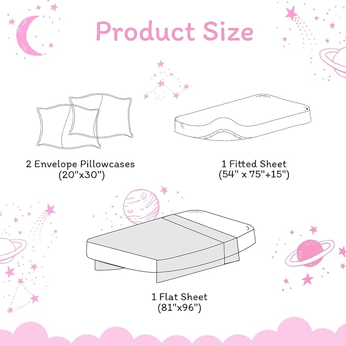 JSD Gradient Pink Moon Stars Kids Sheet Set Full Size, 4 Piece Space Theme Microfiber Sheets Deep Pocket