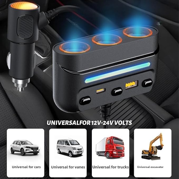 3 - in - 1 Cigarette Lighter Adapter with PD/QC Fast Charging, Independent Switches Car Charger, RGB LED Indicator Lights - Universal Cigarette Lighter USB Charger for Cars, SUVs