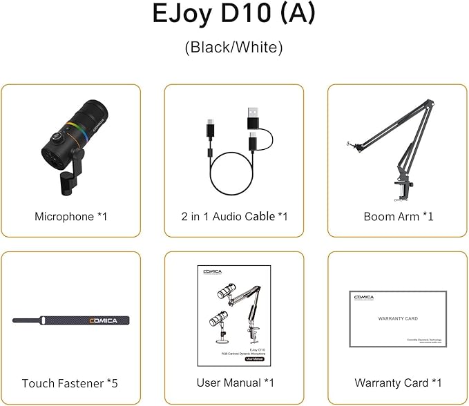 COMICA EJoy D10 A USB/XLR Dynamic Microphone with RGB Light &CalMix Denoise &Mute Button- Studio-Quality Cardioid Mic with Boom Arm Stand for Gaming, Streaming, Podcast,YouTube(PC/PS5/Xbox/Mac-Black