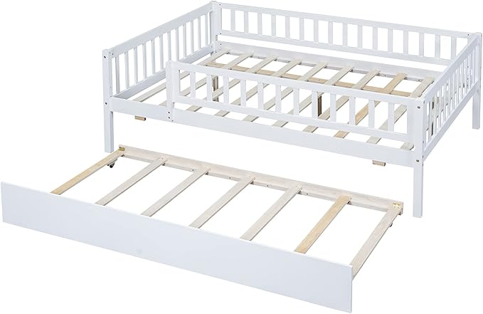 Bellemave Full Size Bed Frames with Rails for Kids, Full daybed Frame with Trundle for Boys/Girls/Adults， White