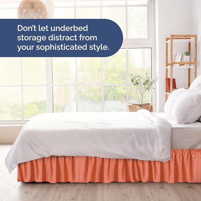 Wrap Around Dust Ruffle Bed Skirt - Coral - for Queen Size Beds with 15 Inch Drop - Easy Fit Elastic Strap - Adjustable Pleated Bedskirt w/Brushed Fabric - Wrinkle Free - for Women, Men, Kids & Teens