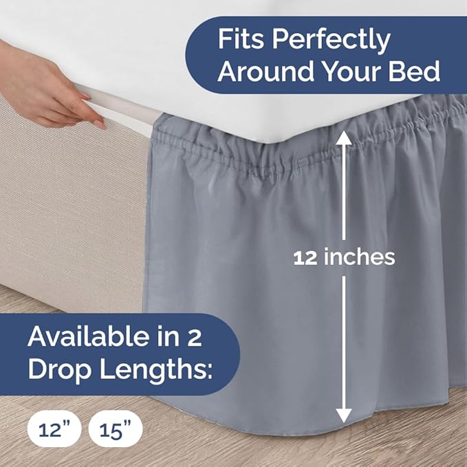 Wrap Around Dust Ruffle Bed Skirt - Steel Blue - for Full Size Beds w/ 12 Inch Drop - Easy Fit Elastic Strap - Adjustable Pleated Bedskirt w/Brushed Fabric - Wrinkle Free, Women, Men, Kids & Teens