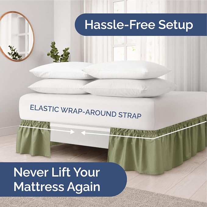Wrap Around Dust Ruffle Bed Skirt - Sage Green - for Queen Size Beds with 18 Inch Drop - Elastic Strap - Adjustable Pleated Bedskirt with Brushed Fabric and Wrinkle Free - For Women, Men, Kids & Teens