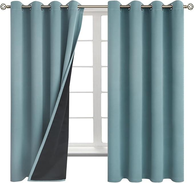 BGment Thermal Insulated 100% Blackout Curtains for Bedroom with Black Liner, Double Layer Full Room Darkening Noise Reducing Grommet Curtain (52 x 72 Inch, Greyish Blue, 2 Panels)