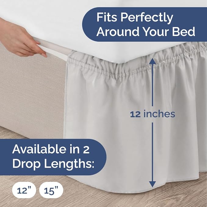 Wrap Around Dust Ruffle Bed Skirt - French Grey - for King Size Beds w/ 12 Inch Drop - Easy Fit Elastic Strap - Adjustable Pleated Bedskirt w/Brushed Fabric - Wrinkle Free, Women, Men, Kids & Teens
