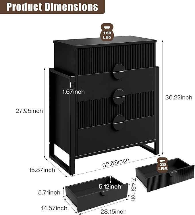 LGHM Fluted Dresser for Bedroom with 4 Drawers, Modern 4 Drawers Dressers with Semicylinder Fluted, Solid Chest of Drawers, 36" Tall Dresser with Bold Steel Frame, Metal Handles, Black
