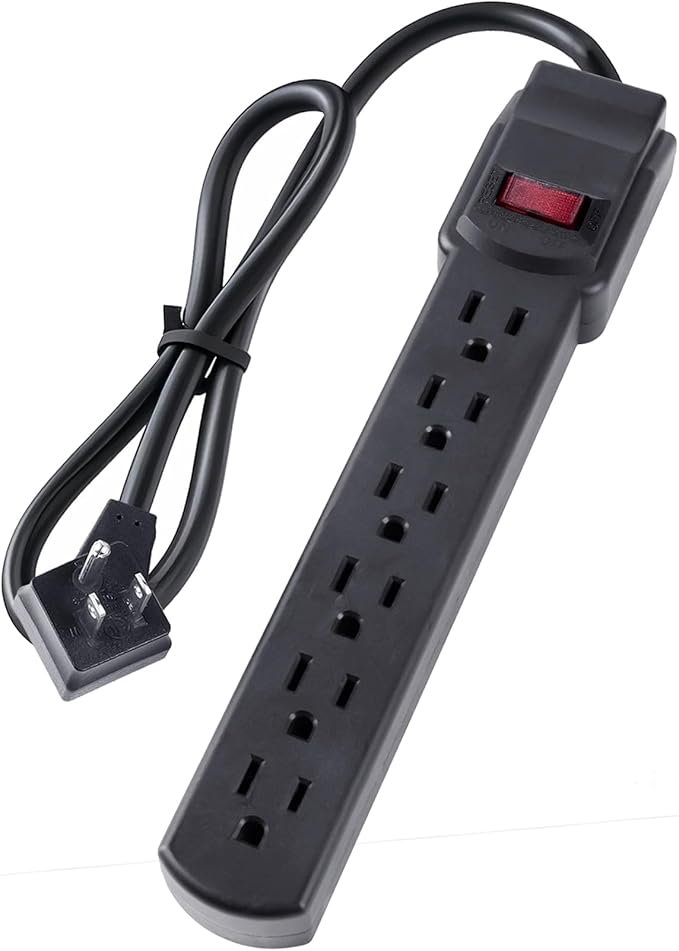 6-Outlet Surge Protector – 250 Joules, 2ft Cord, 15A/125V, 1875W Max – Right Angle Plug, Black – Home, Office, & Electronics Protection
