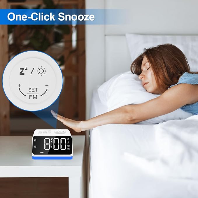 JALL Digital Alarm Clock with FM Radio for Bedroom, 8 Colors Night Light with Charging Port, Sleep Sound Machines with Timer, Dual Alarm (White with White Font)