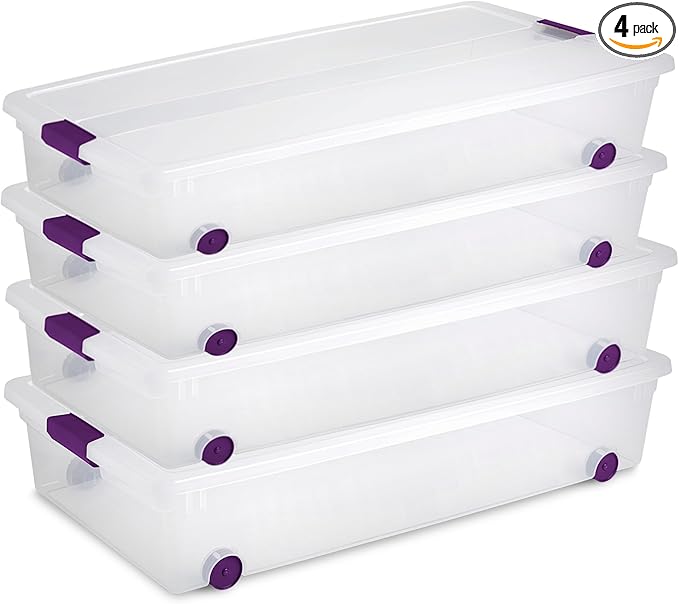 Sterilite 4-Pack 60 Quart ClearView Latch Box, Wheeled Underbed Organizer Bins with Latching Lids - Clear Plastic Organization Containers for Closet, Bedroom, Shelving Units and Everyday Home Storage