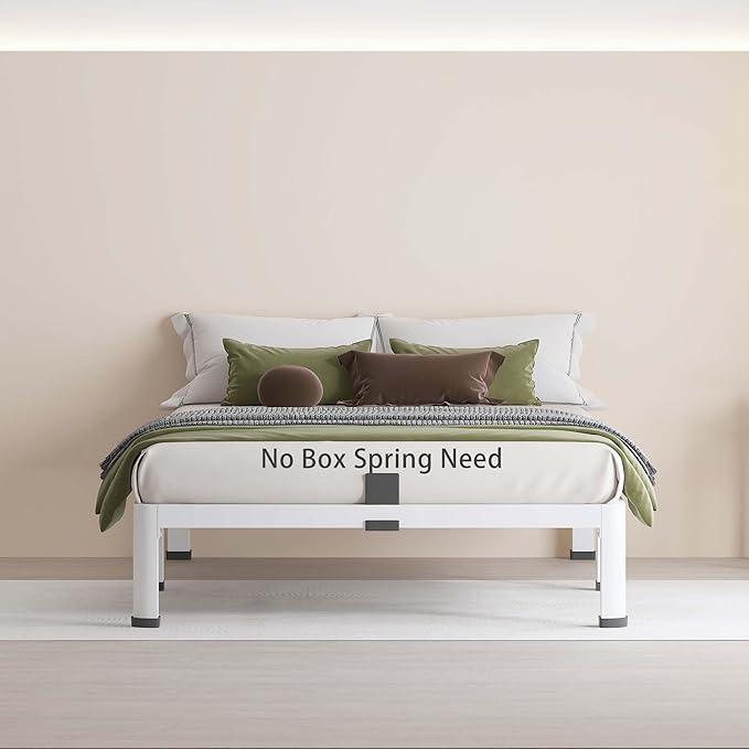 MAF 10 Inch Twin Bed Frames White with Round Corner Legs Mattress Slide Stopper No Box Spring Needed Heavy Duty Metal Platform Bed Frame Under-Bed Storage Space, 3000 LBS Steel Slats Support