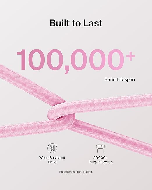 Belkin USB C to USB C Cable, 6.6ft, 60W - Type C Charger, iPhone Charger Cord, Soft, Braided, Flexible for iPhone 16, Galaxy S25, Pixel 9, Airpods, iPad Pro, Tablet & More, Travel Essentials - Pink