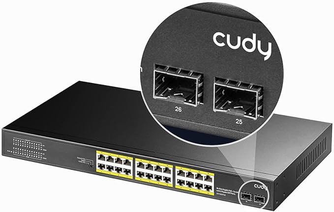 Cudy 24 Gigabit Ethernet Unmanaged PoE+ Switch, 300W, 24 * 100/1000Mbps PoE+ Ports, 2 Gigabit SFP, CCTV / VLAN Mode, 19-inch Rackmount, 802.3af/at, GS1028PS2