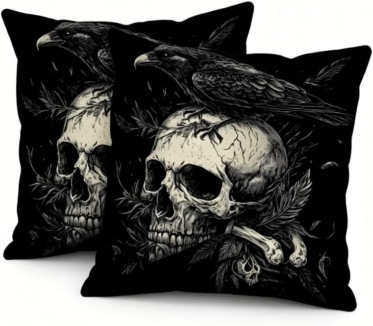 Gothic Skull Raven Throw Pillow Covers, 18x18 Inch, Machine Washable, Halloween by Unknown