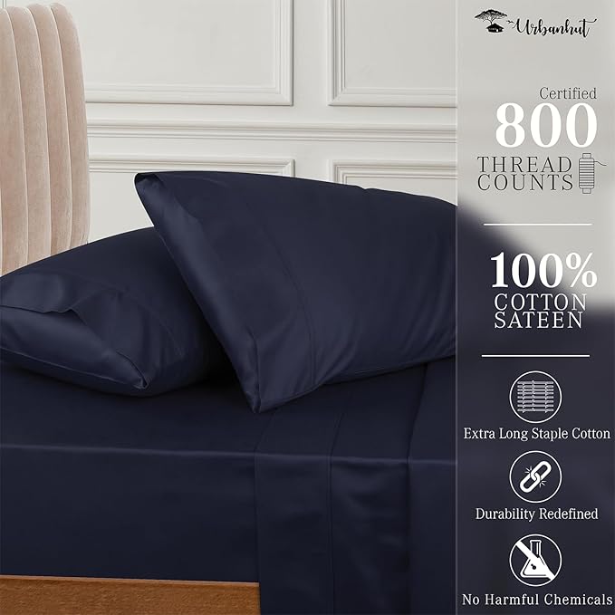 URBANHUT 800 Thread Count 100% Cotton California King Size Sheets, Luxury 4 Piece Cal King Bedsheets, Hotel Sheets Sateen Finish - Better Than Egyptian, 16" Elasticized Deep Pocket - Navy Blue
