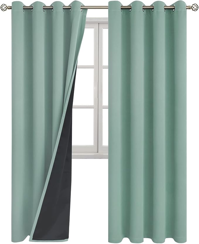 BGment Thermal Insulated 100% Blackout Curtains for Bedroom with Black Liner, Double Layer Full Room Darkening Noise Reducing Grommet Curtain (52 x 84 Inch, Frosty Green, 2 Panels)