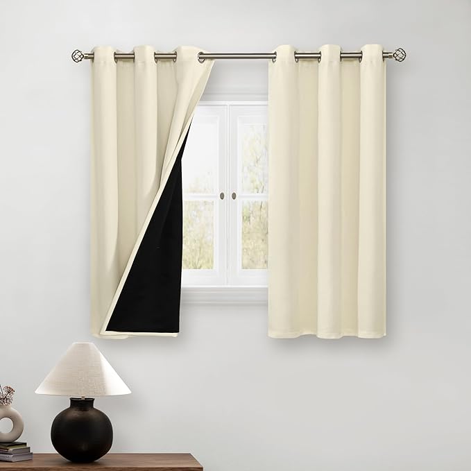 BGment Short 100% Blackout Curtains for Bedroom, Thermal Insulated Energy Efficiency Noise Reducing Grommet Curtains 45 Inch Length with Liner for Small Window 2 Panels Each 42 Inch Wide, Cream
