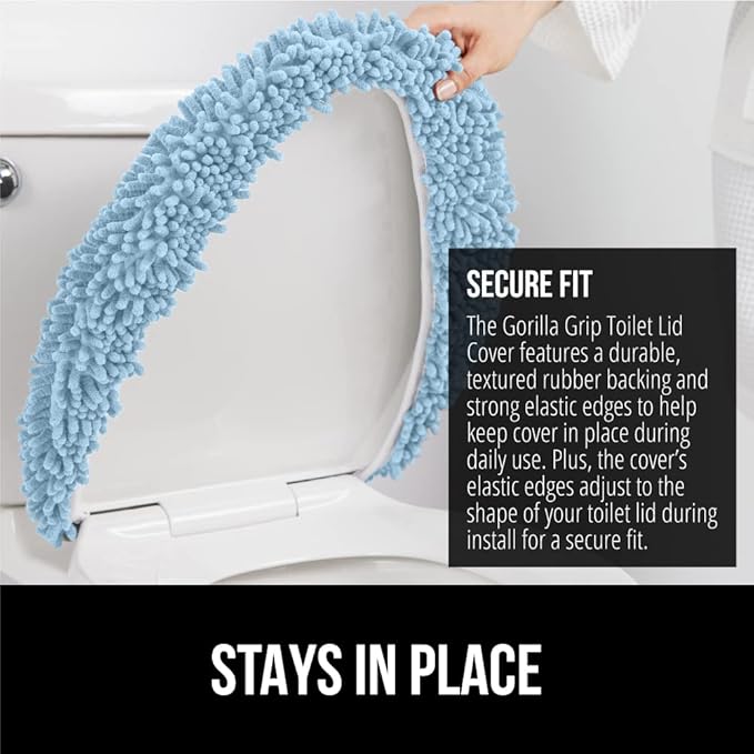 GORILLA GRIP Soft Chenille Bathroom Toilet Lid Cover, Machine Washable Seat Covers, 19.5x18.5, Stays in Place Rubber Backing, Fits Most Round, Elongated and Oblong Lids, Accessories Decor, Light Blue