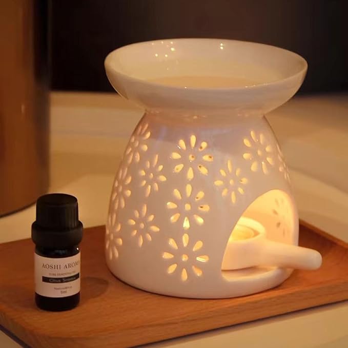 Ceramic Tea Light Holder, Aromatherapy Oil Burner, Wax Warmer, Tealight Holder with White Floral Pattern for Valentine's Day Gift