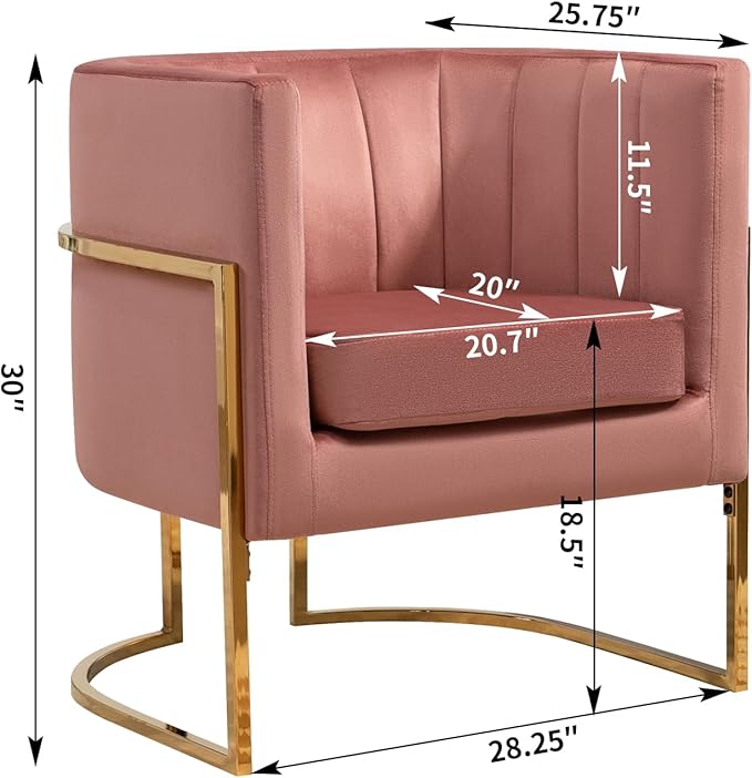 Velvet Modern Accent Chair, Upholstered Barrel Armchair Mid Century with Pillow for Living Room, Comfy Single Vanity Chair with Metal Gold Legs for Bedroom, Pink