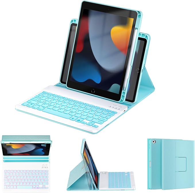 OYEEICE for iPad 9th Generation Case with Keyboard - Detachable Backlit Keyboard - Rotatable Cover with Pencil Holder for iPad 9th/8th/7th Gen, iPad Air 3rd Gen & iPad Pro 10.5" - Blue