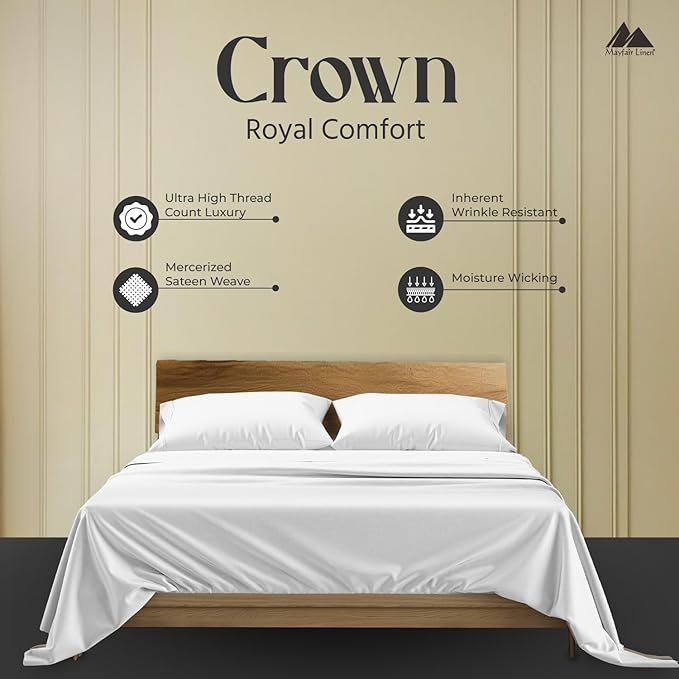 Mayfair Linen 100% Egyptian Cotton King Sheets Set - 2000 Series Luxury Sheets King Size Bed Set, Silky Soft & Cooling, Sateen Weave 17" Extra Deep Pocket Hotel Collection Sheet (4 Pc, White)