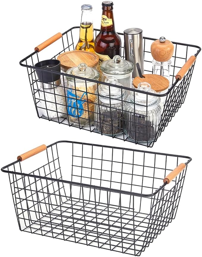 LeleCAT Large black wire basket for Organizing with Wooden Handles,pantry refrigerator organizers and storage,Snack Storage Baskets for Cabinets, Closets, Bedrooms, kitchen -2pack（Black）