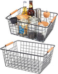 LeleCAT Large black wire basket for Organizing with Wooden Handles,pantry refrigerator organizers and storage,Snack Storage Baskets for Cabinets, Closets, Bedrooms, kitchen -2pack（Black）
