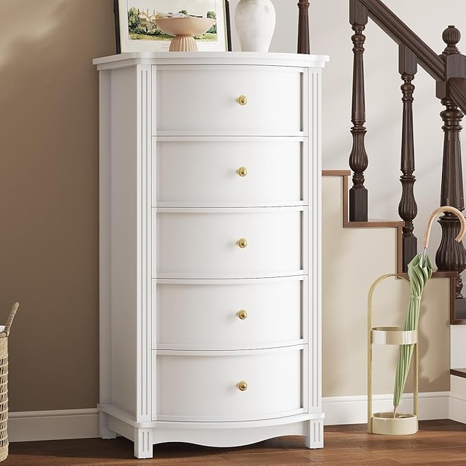 AuraCurve Tall 5-Drawer Chest, Elegant Dresser with Five Arc Fronts, Roman Column Decor, Slim Floor Standing Storage Cabinet, 48.6x23.6x15.7 Inches(White, 5 Drawer)