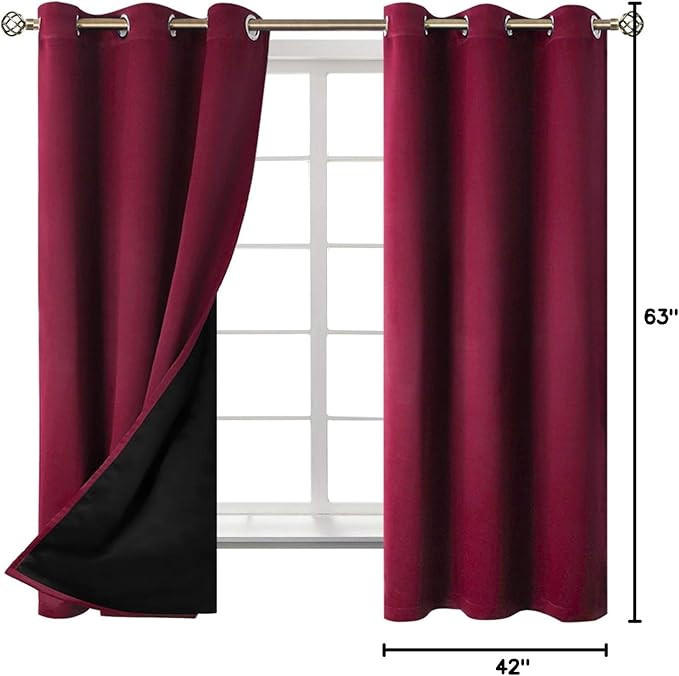 BGment Thermal Insulated 100% Blackout Curtains for Bedroom with Black Liner, Double Layer Full Room Darkening Noise Reducing Grommet Curtain (42 x 63 Inch, Burgundy Red, 2 Panels)