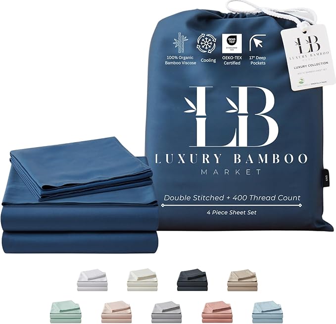 Luxury Bamboo Market | Queen Size Bed Sheet Set | 100% Viscose Made from Bamboo | Organically Grown | Ultra Soft | Cooling Sheets for Hot Sleepers | 17" Deep Pocket [Midnight Blue]