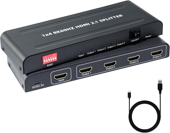 8K HDMI Splitter 1 in 4 Out,with EDID, 3D Stereo, 12-bit Deep Color, 48Gbps, Plug & Play, HDMI Splitter for Windows, Mac, Linux, Projectors, Laptops, Desktops (SP104SKE)