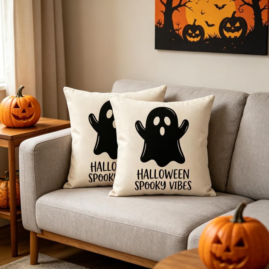 Halloween Ghost Throw Pillow Covers, 18x18 Inch, Spooky Vibes Design, Machine - Image 6