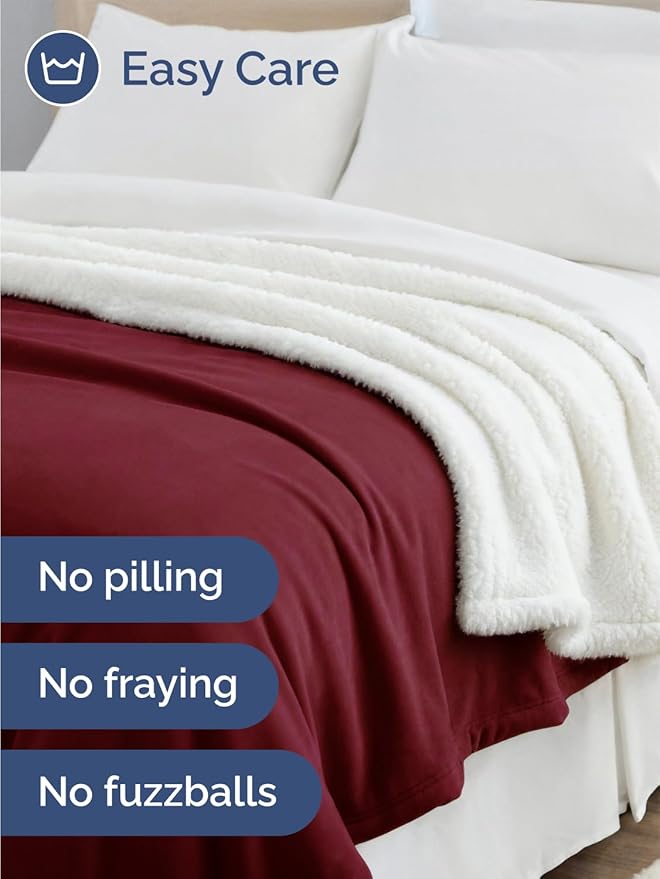 Sherpa Fleece Blanket Twin Size - Reversible Sherpa Fleece Twin Blanket - Super Soft Double Sided for Bed, Sofa, Couch - Thick, Warm, Fuzzy & Plush - Luxurious Bedding for Winter - Burgundy, 60" x 80"