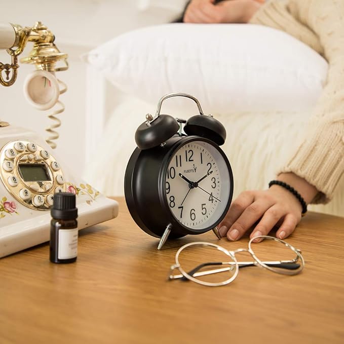 {Loud Alarm for Deep Sleepers) 4'' Twin Bell Alarm Clock with Backlight for Bedroom and Home Decoration(Black)