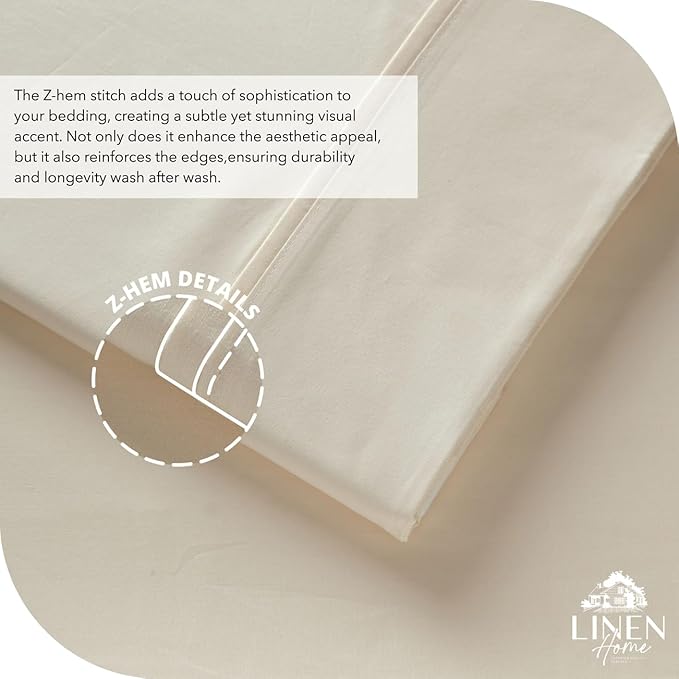 Linen Home 100% Cotton Percale Sheet Set, Twin Size, Ivory, Deep Pocket, 4 Pieces Set - 1 Flat, 1 Deep Pocket Fitted Sheet and 2 Pillowcases, Crisp Cool and Strong Bed Linen