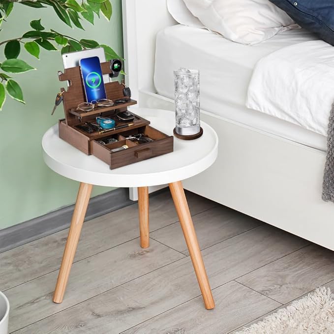 Wood Phone Docking Station for up to 3 Phones, Samsung Galaxy Watch Compatible Nightstand Organizer with Drawer for Valuables for Men & Women, Holds Phones, Tablets, Keys, Rings, Glasses, Watches, EDC