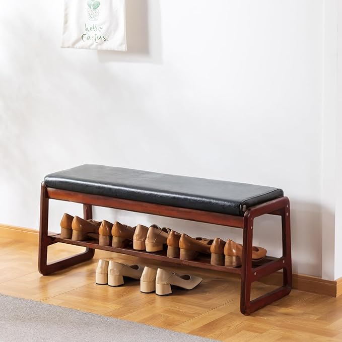 Solid Wood Shoe Bench, 2-Tier Wooden Entryway Bench, Modern Shoe Rack with Faux Leather Cushion for Hallway, Living Room (Black, 39.4'')
