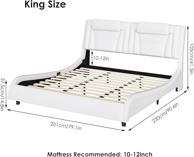 Keyluv Modern Upholstered King Bed Frame with Adjustable LED Headboard, Wave-Like Curve Design, Solid Wooden Slats Support, No Box Spring Needed, Noise Free, White