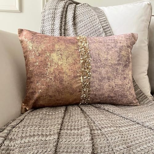 The HomeCentric Decorative Lumbar Pillow Cover Rust & Gold, Sequins Embroidered - Image 3